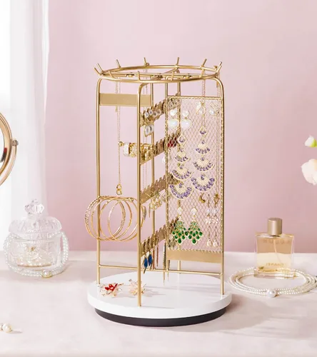 Vista 2 de Homde Soporte de joyería grande para tocador organizador de collar de aretes para mujeres modernas - Pulsera de reloj de metal Soporte giratorio que