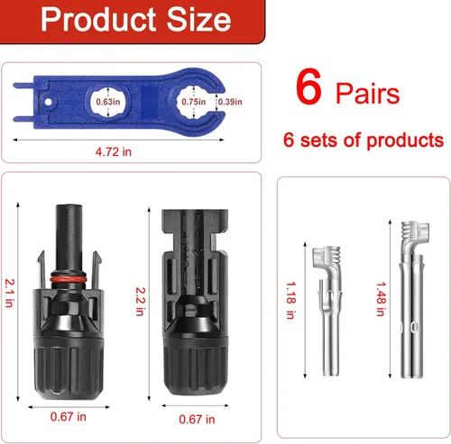 Vista 2 de Kit de 12 conectores de panel solar MC4, 6 pares macho/hembra con 2 llaves, conectores solares impermeables IP67 de 1000 V/30 A (10 AWG)