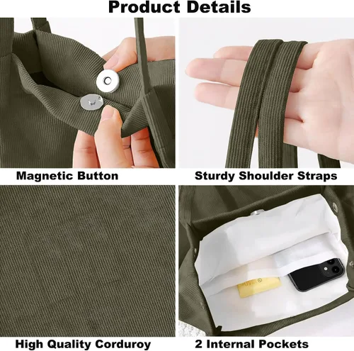 Vista 5 de Bolsa Tote de Pana para Mujeres Pequeña Bolsa de Lona para Hombro Bolsa de Mano de Pana con Bolsillo Interior 02 Verde Ejército