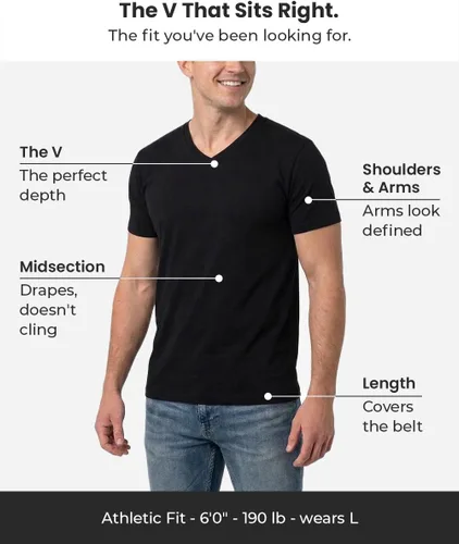 Vista 2 de Men's V-Neck T-Shirt Fitted Short Sleeve Soft Cotton Vneck Tees S-2XL Negro
