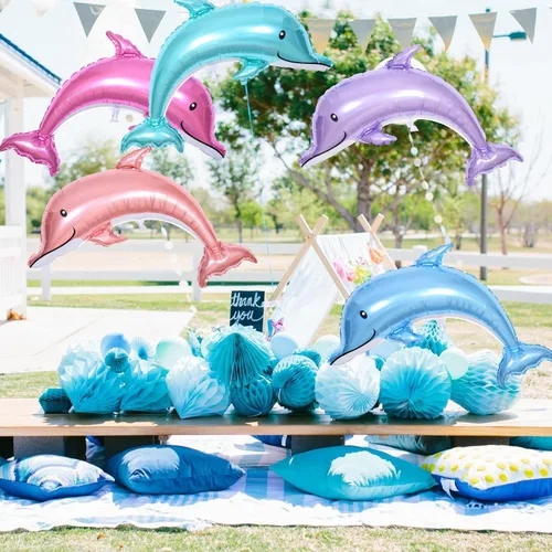 Vista 5 de 5 Globos Gigantes de Delfín, Globos de Lámina Metálica Mylar de Delfín Salpicadura de 46 Pulgadas, Animales Oceánicos para Fiesta de Cumpleaños