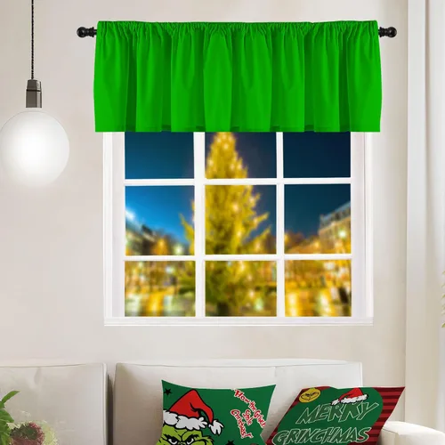 Vista 4 de 2 paneles de cenefas de cortina de color verde navideño para ventanas de cocina, cortinas cortas para ventanas de cocina, baño, lavandería