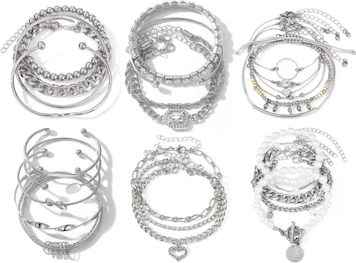 Vista 10 de IFKM Juego de 6 pulseras de cadena de oro bohemio para mujer, chapado en oro de 14 quilates, múltiples capas, apilables, abiertas, con eslabones