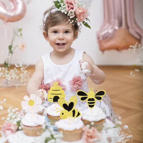 Vista 7 de Paquete de 24 adornos para cupcakes de abejorros con purpurina de abeja, panal, cupcakes, para revelación de género, baby shower, fiesta
