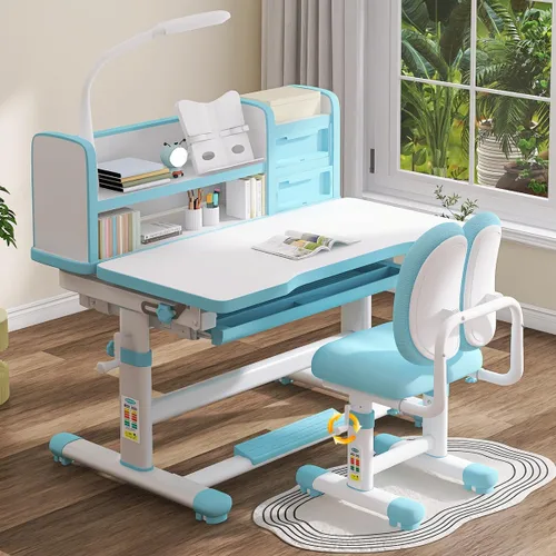 Vista 2 de Juego de mesa y silla de estudio para niños, color azul, altura ajustable, mesa de escritura para niños, escritorio y silla, juego de escritorio