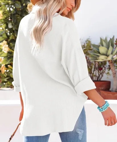 Vista 2 de AISEW Camisas con botones para mujer, estilo casual, cuello en V, manga larga, ajuste holgado, blusas lisas con bolsillo