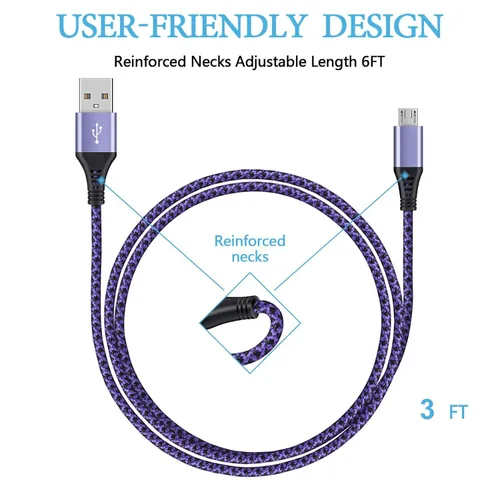 Vista 3 de Cable Micro USB, [4 unidades/3 pies] Cable de carga USB para Android macho a micro B, cable de datos de alta velocidad de carga Nylon trenzado