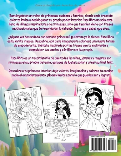 Vista 2 de Libro de Princesas para colorear Incluye frases motivacionales, inspirador y de empoderamiento, edades entre 4 y 10 (Spanish Edition)