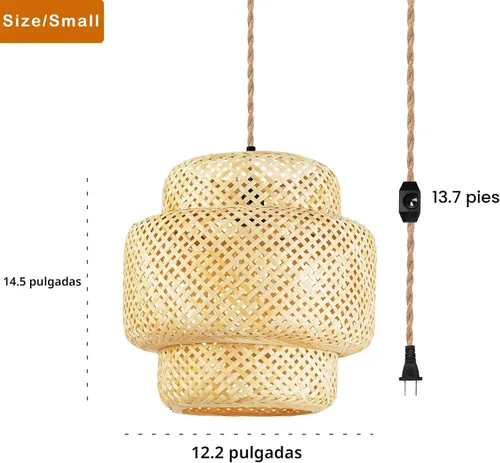 Vista 5 de Lámpara colgante de ratán para enchufar, con cable de enchufe, lámpara colgante de bambú regulable, tejida a mano estilo bohemio, pantalla