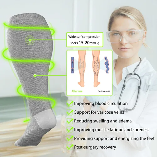 Vista 6 de LEVSOX Calcetines de compresión de pantorrilla ancha para mujeres y hombres, talla grande, 15-20 mmHg, hasta la rodilla, medias de gran soporte