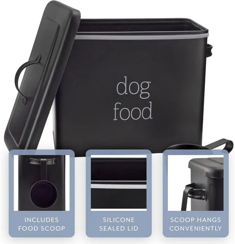 Vista 3 de AuldHome Design - Contenedor retro para comida de perro (negro); contenedor de almacenamiento moderno de estilo granja para comida de mascotas