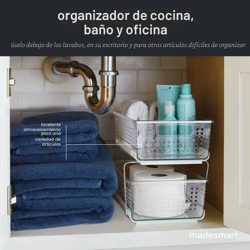 Vista 5 de madesmartOrganizador de 2 niveles, cestas de almacenamiento de deslizamiento multiusos con asas, claro pull out bins, adjustable dividers, tiered