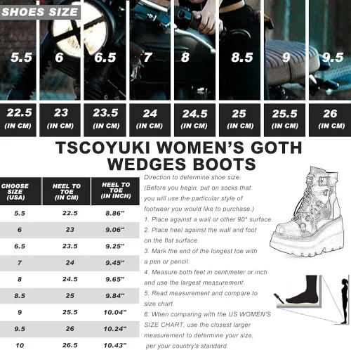 Vista 5 de Tscoyuki Botines de plataforma para mujer botines de tacón alto gruesos botas de combate góticas botas de combate para mujer con cordones cuñas