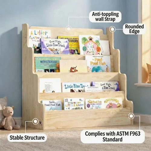 Vista 5 de NACHES Estantería Montessori de 4 niveles para niños, estante de madera con diseño festoneado, organizador de juguetes para guardería, dormitorio