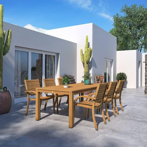 Vista 15 de Brampton Patio Brampton Coventry - Juego de comedor rectangular de 5 piezas, acabado de teca oscura y sillas apilables, ideal para patio y exteriores