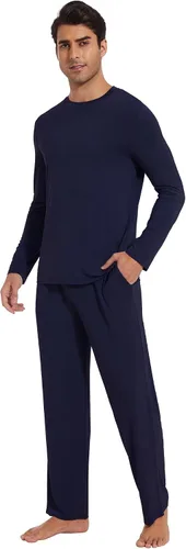 Vista 11 de WiWi Conjunto de pijama de viscosa de bambú para hombre, ropa de dormir de manga larga, ropa de dormir de punto, 2 piezas, conjuntos de ropa