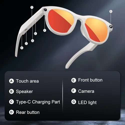 Vista 5 de Lentes inteligentes con cámara, lentes de sol Bluetooth AI, traducción, control de voz, reproducción de música para viajes, conferencias y vlogging