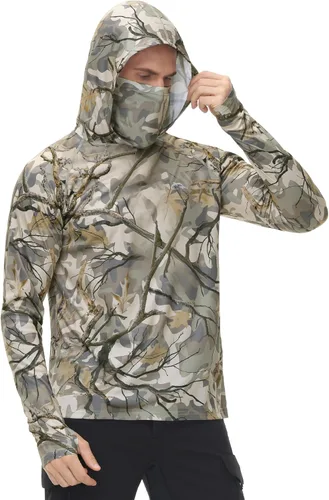 Vista 2 de FISHEAL - Camiseta de caza para hombre con máscara, con protección UPF 50+, de manga larga, con capucha y cordón ajustable de camuflaje