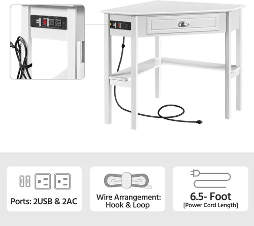 Vista 5 de Yaheetech - Escritorio esquinero en forma de L y silla blanca USB ports, storage drawer and shelf, space-saving corner fit, modern style, sturdy