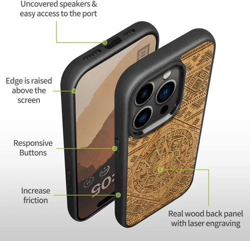 Vista 7 de Carveit - Funda de madera para iPhone 15 Pro Max, calendario azteca, cereza Magnetic iPhone 15 Pro Max Case Compatible with MagSafe Wireless