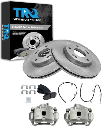 Vista 11 de TRQ Juego de pastillas de freno delanteras y rotores de cerámica, pinzas, mangueras, compatibles con Honda Odyssey 2005-2010