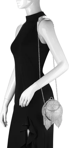 Vista 3 de Bolso de mano redondo para mujer pequeño bolso de noche de cristal deslumbrante borla de diamantes de imitación boda fiesta bolso cruzado con asa