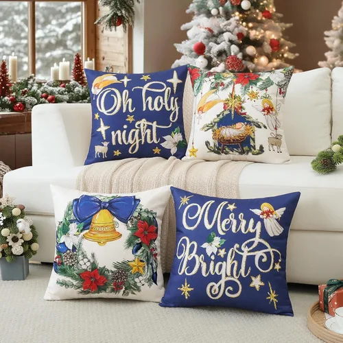 Vista 2 de Artscope Juego de 4 fundas de almohada de Navidad Oh Holy Night Merry Bright Corona de Jesús de 16 x 16 pulgadas, fundas de almohada para decoración