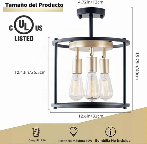 Vista 4 de Lámpara de techo industrial semiempotrada, lámpara de techo negra vintage de 3 luces con enchufe ajustable, lámpara rústica de metal para cocina