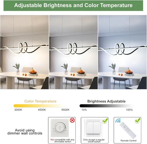 Vista 3 de Jaycomey Lámpara LED moderna para comedor, 52 W, regulable, moderna, lineal, con control remoto, 3000K a 6500K, lámpara de techo ajustable para isla
