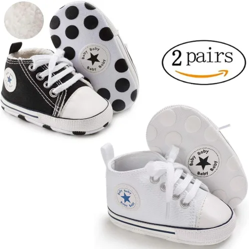Vista 2 de KIDSUN - Zapatos deportivos unisex de caña alta para bebés, mezclilla de lona, suela antideslizante, suaves, para los primeros pasos