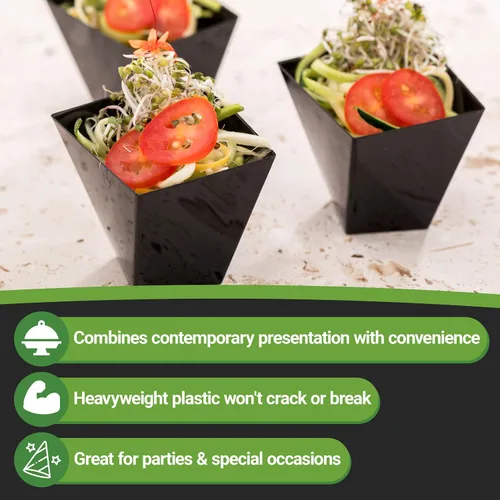 Vista 14 de Restaurantware Platos de postre de 2 onzas, 100 mini tazas desechables para servir fiestas, platos Girata de plástico negro duradero y sostenible