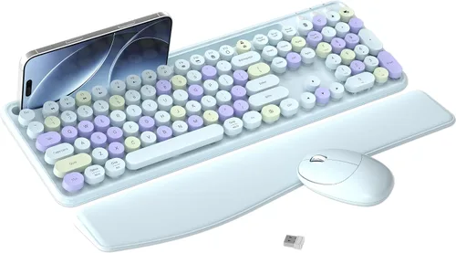Vista 11 de Combo de teclado y mouse inalámbricos con soporte para teléfono (caqui) MPTOG Colorful Typewriter Keys with Wrist Rest, 2.4GHz Wireless