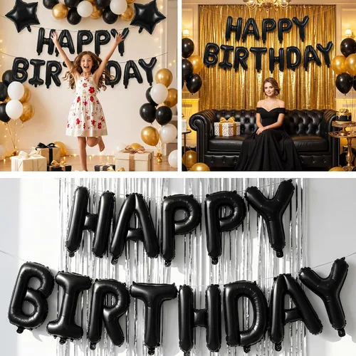 Vista 6 de TONIFUL Pancarta de Globos Negros de Feliz Cumpleaños de 16 Pulgadas con Letras de Papel de Aluminio Mylar, Cartel Banderín Reutilizable