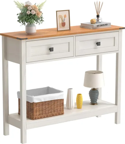 Vista 6 de Trironsun - Mesa de consola de estilo granja con 2 cajones para entrada, mesa de sofá rústica con estante de almacenamiento abierto, mesa de pasillo