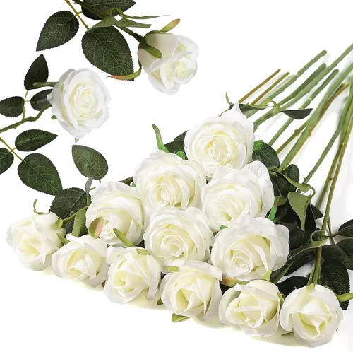 Vista 18 de Hawesome - Ramo de 12 rosas artificiales de seda con tallo largo para decoración del hogar, boda, fiesta (Negro-1)