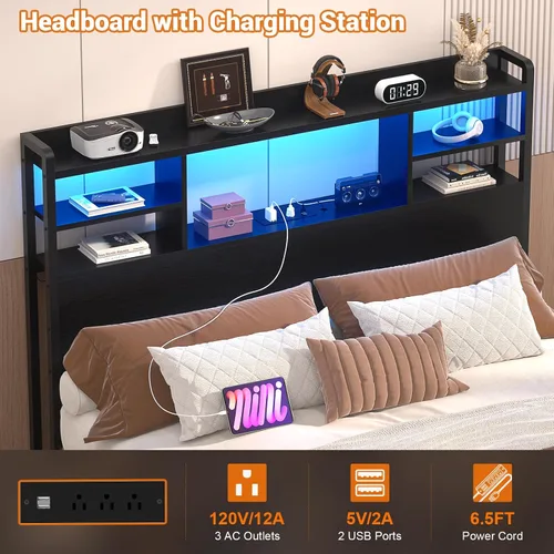 Vista 4 de Aheaplus Cabecero para cama de tamaño individual con almacenamiento, cabeceros con luz LED, tomas de corriente, puertos USB, tamaño individual