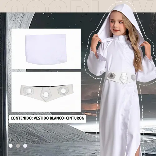 Vista 3 de Disfraz de princesa para niñas, túnica blanca con capucha, traje de Halloween
