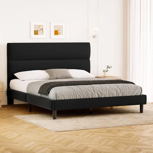 Vista 11 de GRUSIGN Base de cama de plataforma de tamaño individual con cabecera de terciopelo, soporte de listones de madera de altura ajustable, base de Beige
