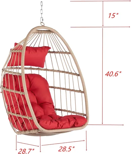 Vista 5 de Jardín al aire libre Rattan Huevo Swing Silla Colgante Silla Madera+Cojín Rojo