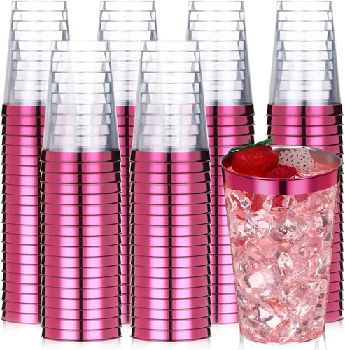 Vista 10 de Patelai 100 piezas de vasos de plástico verdes de 12 onzas, vasos de plástico con borde verde resistentes, vasos desechables para vino, vasos