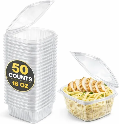 Vista 8 de Contenedores de delicatessen con tapas con bisagras, plástico PET, transparente, 24 onzas, 50 unidades, concha, rectangular, almacenamiento