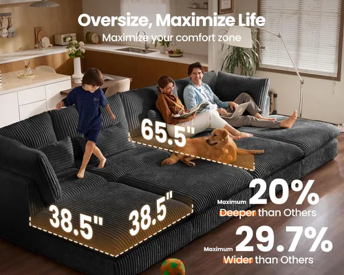 Vista 3 de Sofá Modular de Tamaño Grande, Sofá Seccional de Pana Cloud Extra Profundo con Otomana Chaise, Sofá Cama de Pana Esponjosa de 2 Plazas para Sala
