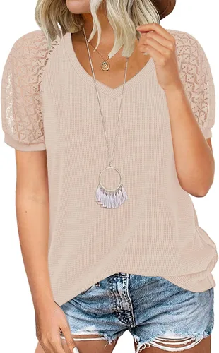 Vista 13 de MIHOLL - Blusa de manga corta con cuello en V y encaje para mujer, estilo casual holgado 01_ Negro