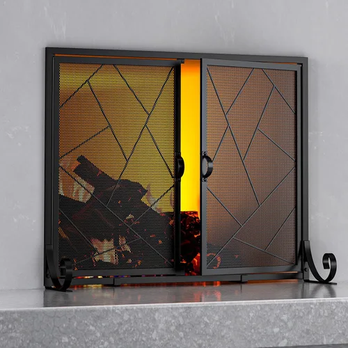 Vista 10 de Fire Beauty Pantalla de chimenea con puertas con bisagras Borde de hierro fundido, marco de acero resistente, malla metálica duradera, protector