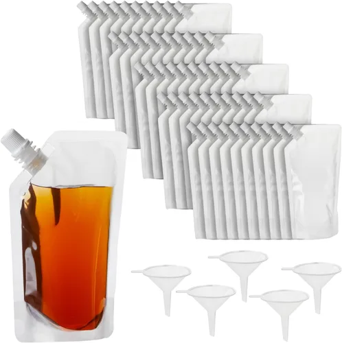 Vista 5 de Paquete de 50 bolsas de plástico reutilizables de 8 onzas con embudos para jugo, refrescos, cerveza (7 x 4 pulgadas)