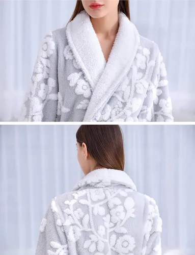 Vista 5 de Bata de baño de forro polar para mujer, larga y cálida, de lujo, mullida, con patrón jacquard