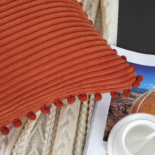 Vista 4 de Juego de 2 fundas de almohada de pana a rayas color naranja quemado