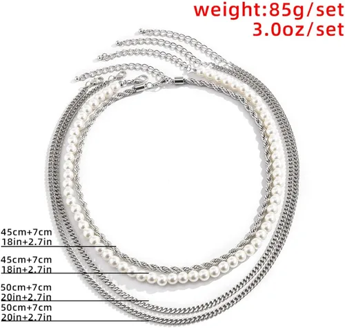 Vista 3 de YERTTER Collar gótico de cadena de plata de 4 capas para hombre, cadena de perlas, cadena gruesa, cadena torcida, cadena plana, gargantilla