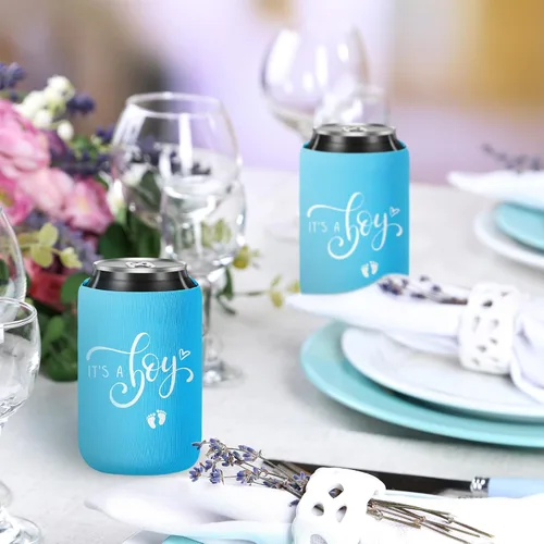 Vista 6 de Mifoci 50 piezas de decoración de baby shower, mangas de cerveza para revelación de género, fundas de cerveza para revelación de género, fundas