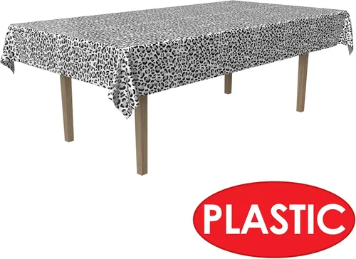 Vista 4 de Beistle Mantel con estampado de leopardo de nieve, 54 x 108 pulgadas, 2 piezas, mantel de plástico, mantel con estampado de animales, decoraciones